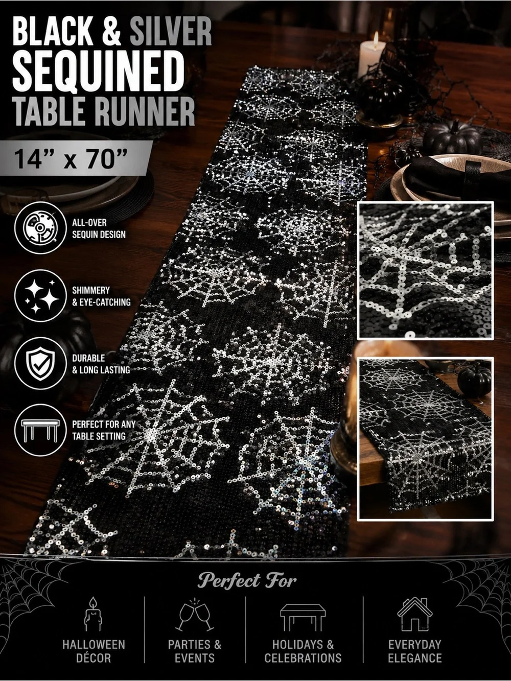 Black & Silver Sequined Spider Web Table Runner - Holiday & Party Accent